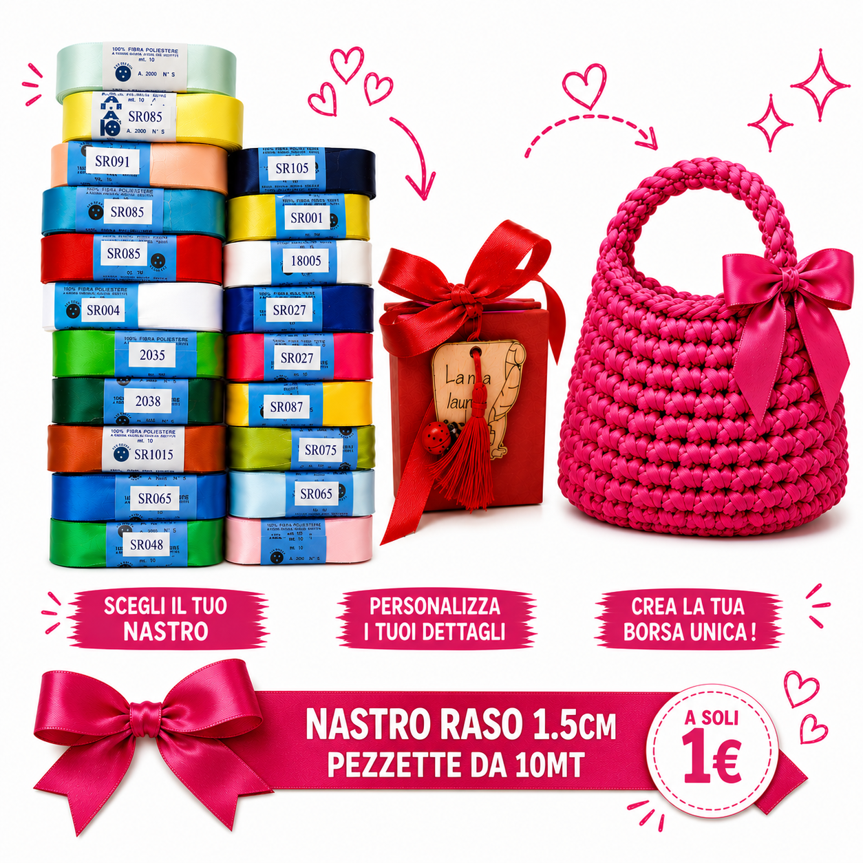 NASTRO RASO PER BORSE ALL'UNCINETTO E BOMBONIERE 1,5cm pezza 10mt