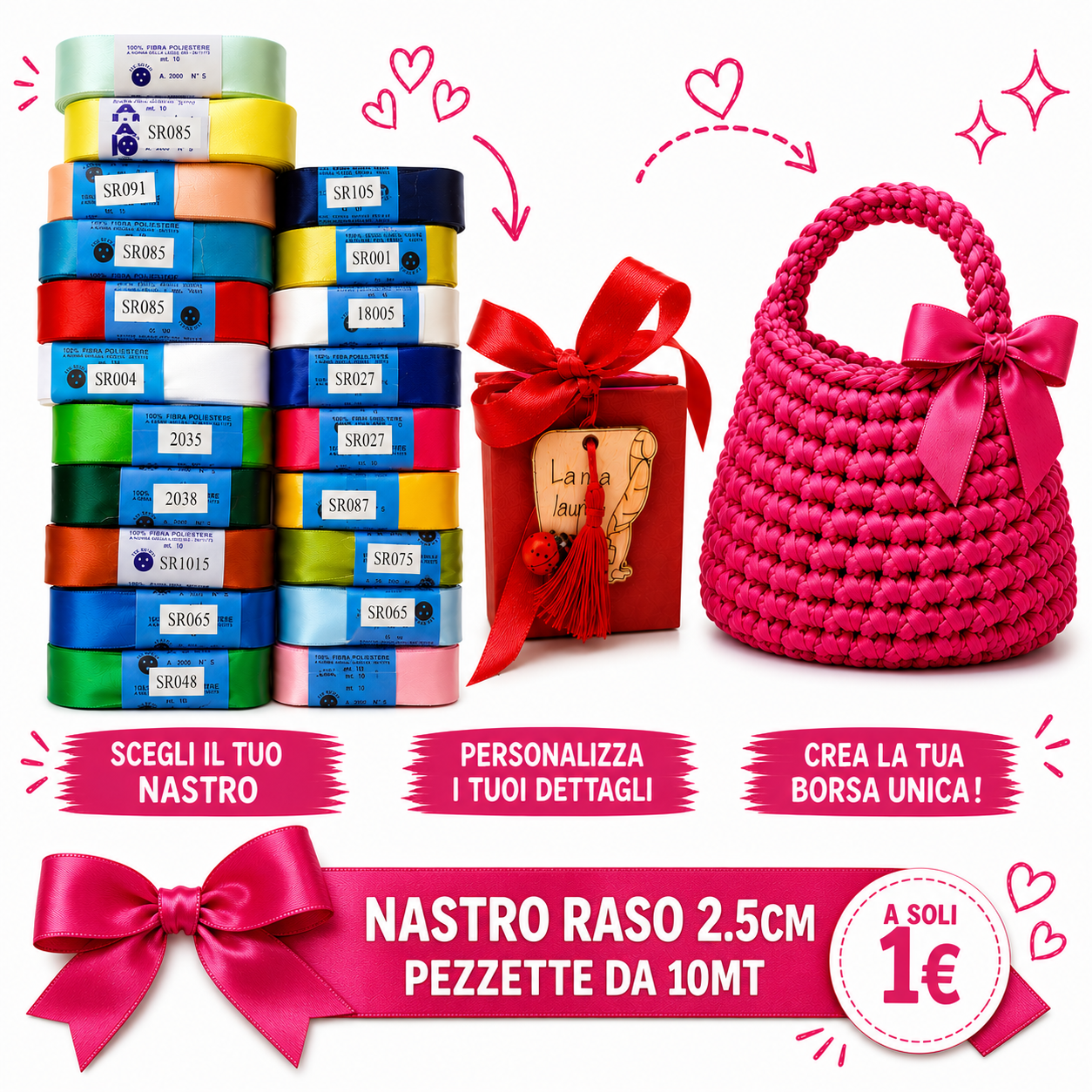 NASTRO RASO PER BORSE ALL'UNCINETTO E BOMBONIERE 2,5cm pezza 10mt