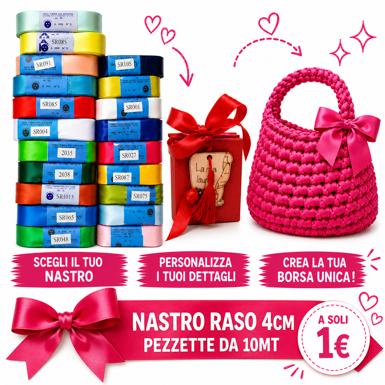 NASTRO RASO PER BORSE ALL'UNCINETTO E BOMBONIERE 4cm pezza 10mt