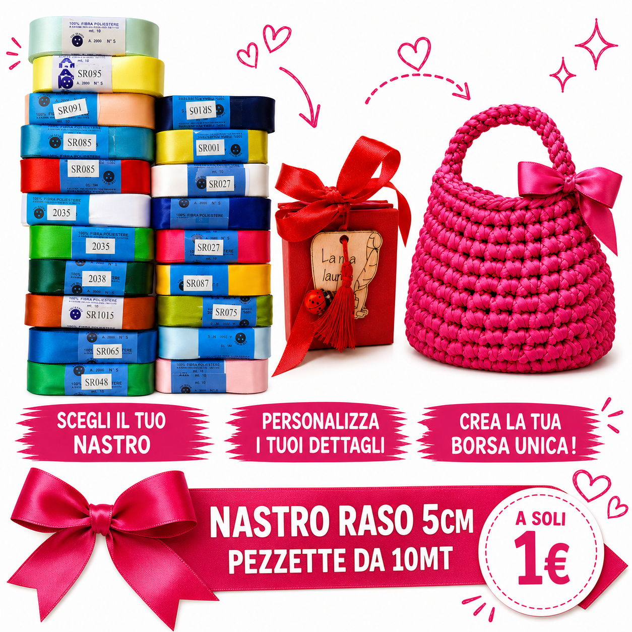 NASTRO RASO PER BORSE ALL'UNCINETTO E BOMBONIERE 5cm pezza 10mt