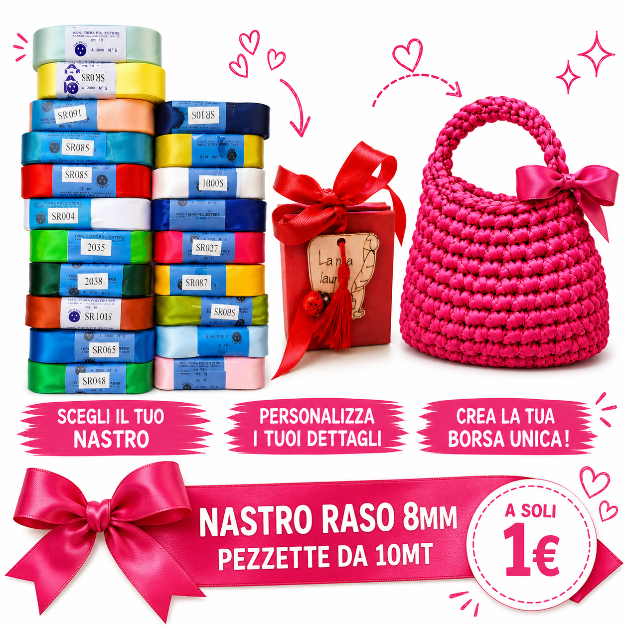 NASTRO RASO PER BORSE ALL'UNCINETTO E BOMBONIERE 8mm pezza 10mt